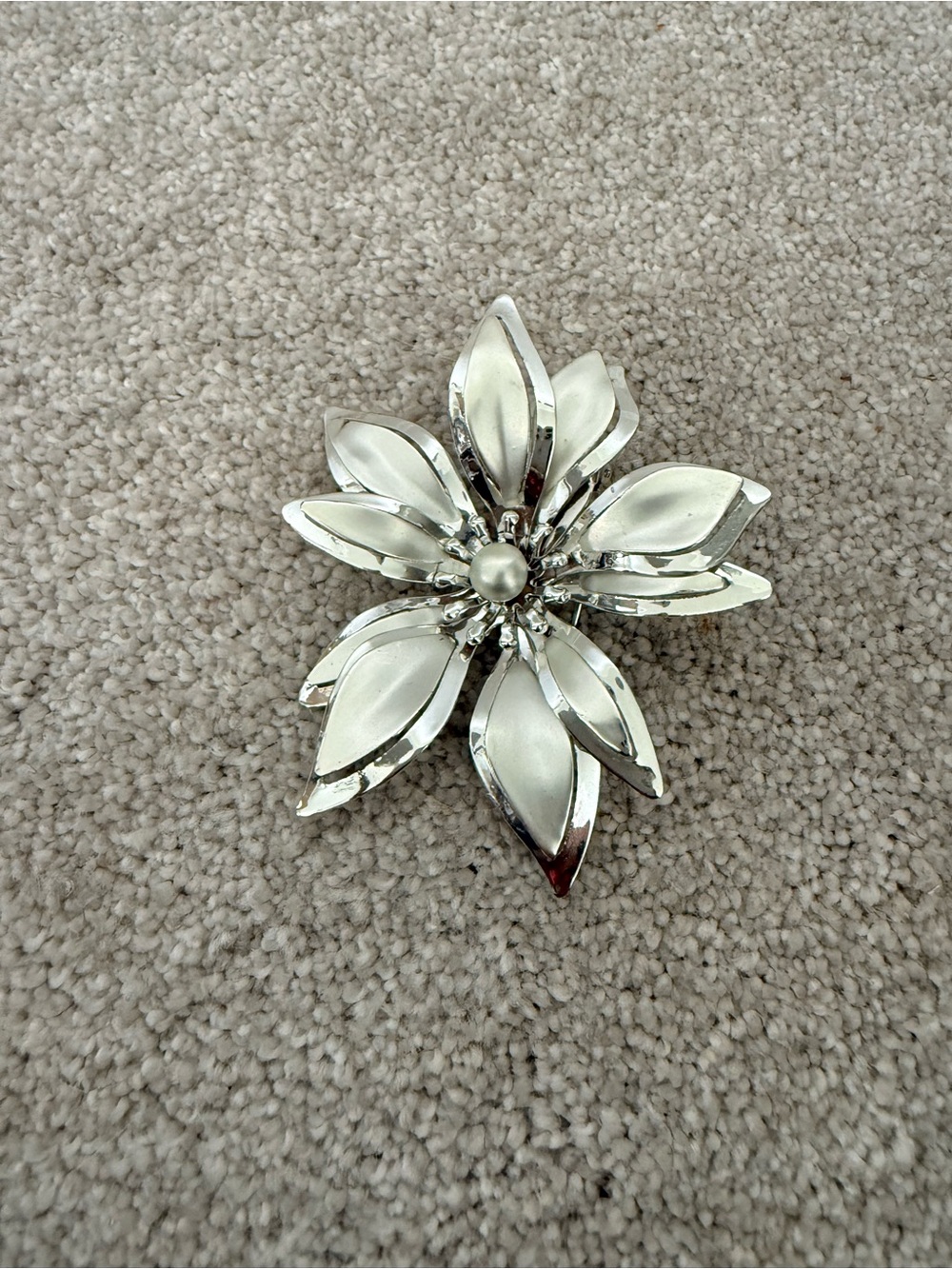Silver Tone Flower Brooch with Pearl Center